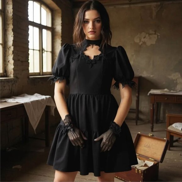 Angel Wing Doll Mini Dress Black Gothic Lace Up Back Puff Sleeve Elegant Alt S - Picture 1 of 8